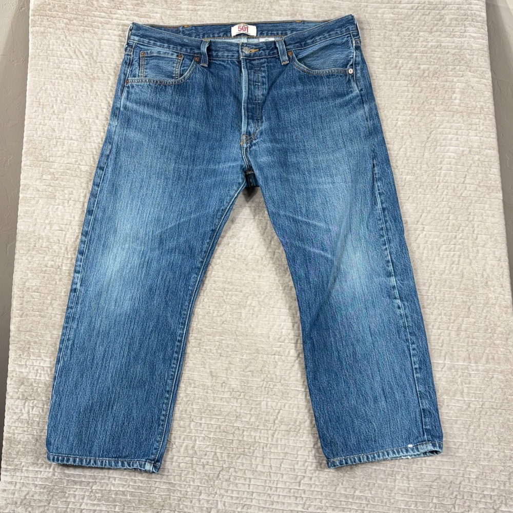 Levis 501 Original Straight Leg Button Fly Jeans Medium Wash Blue 38x24 Hemmed